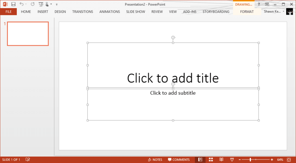 A new PowerPoint document with template "click to add title" text highlighted.