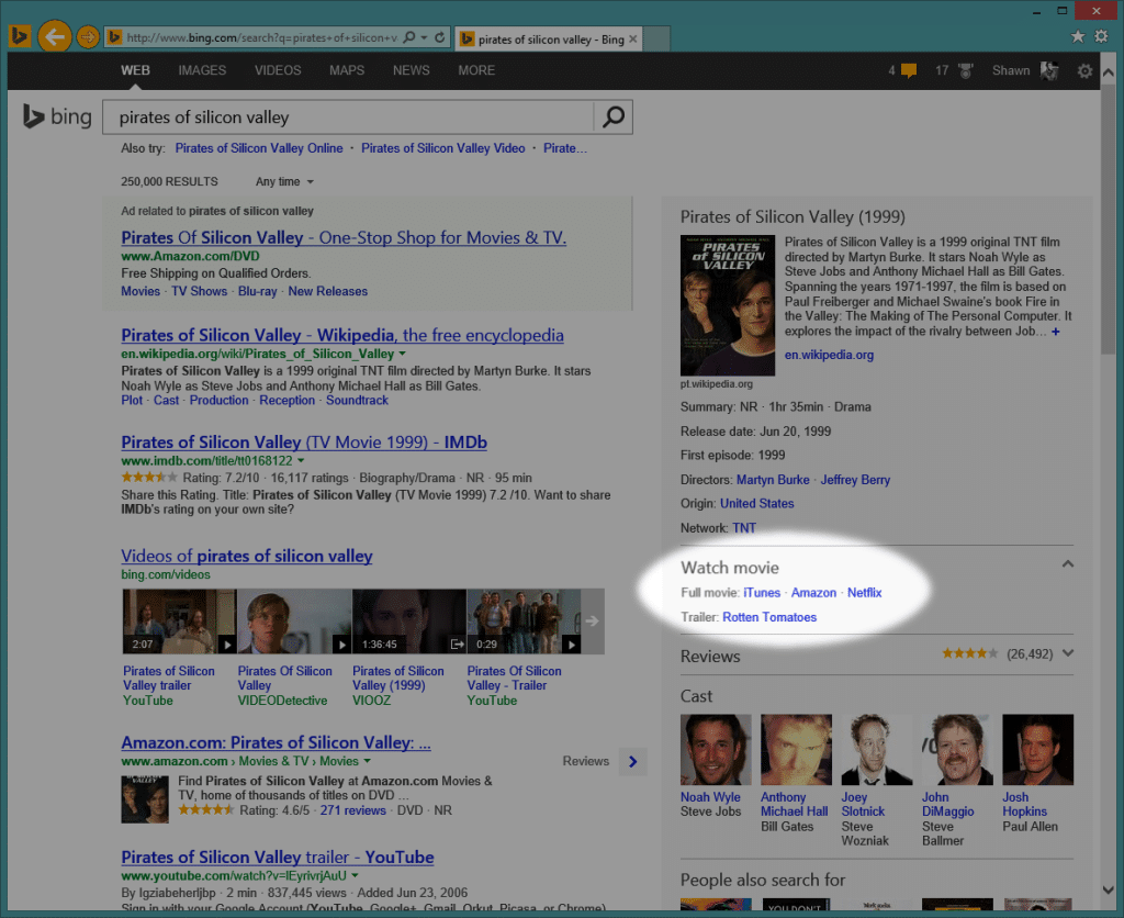 Bing search results showing services that carry a movie title.