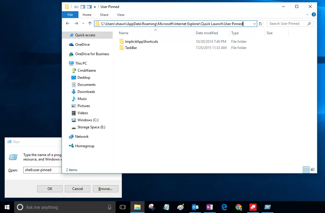 Windows 10 showing Run box and User Pinned folder